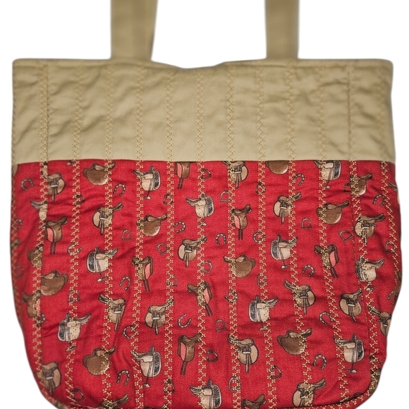 Womans western cowgirl saddle print handmade quilted tote bag red new - Picture 6 of 8